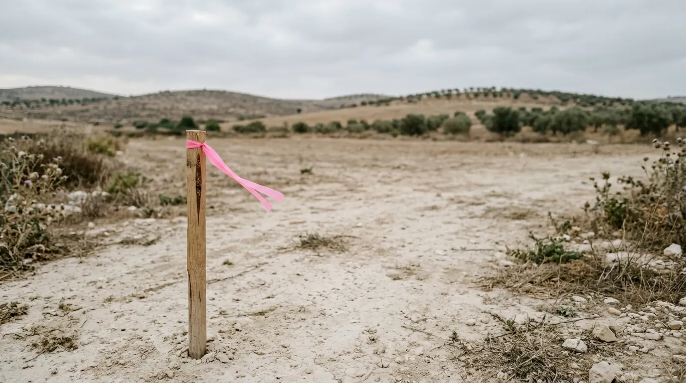יתד סימון מעץ עם סרט סימון ורוד נעוצה בקרקע יבשה בחלקת אדמה פתוחה, על רקע גבעות נמוכות באור בוקר רך.