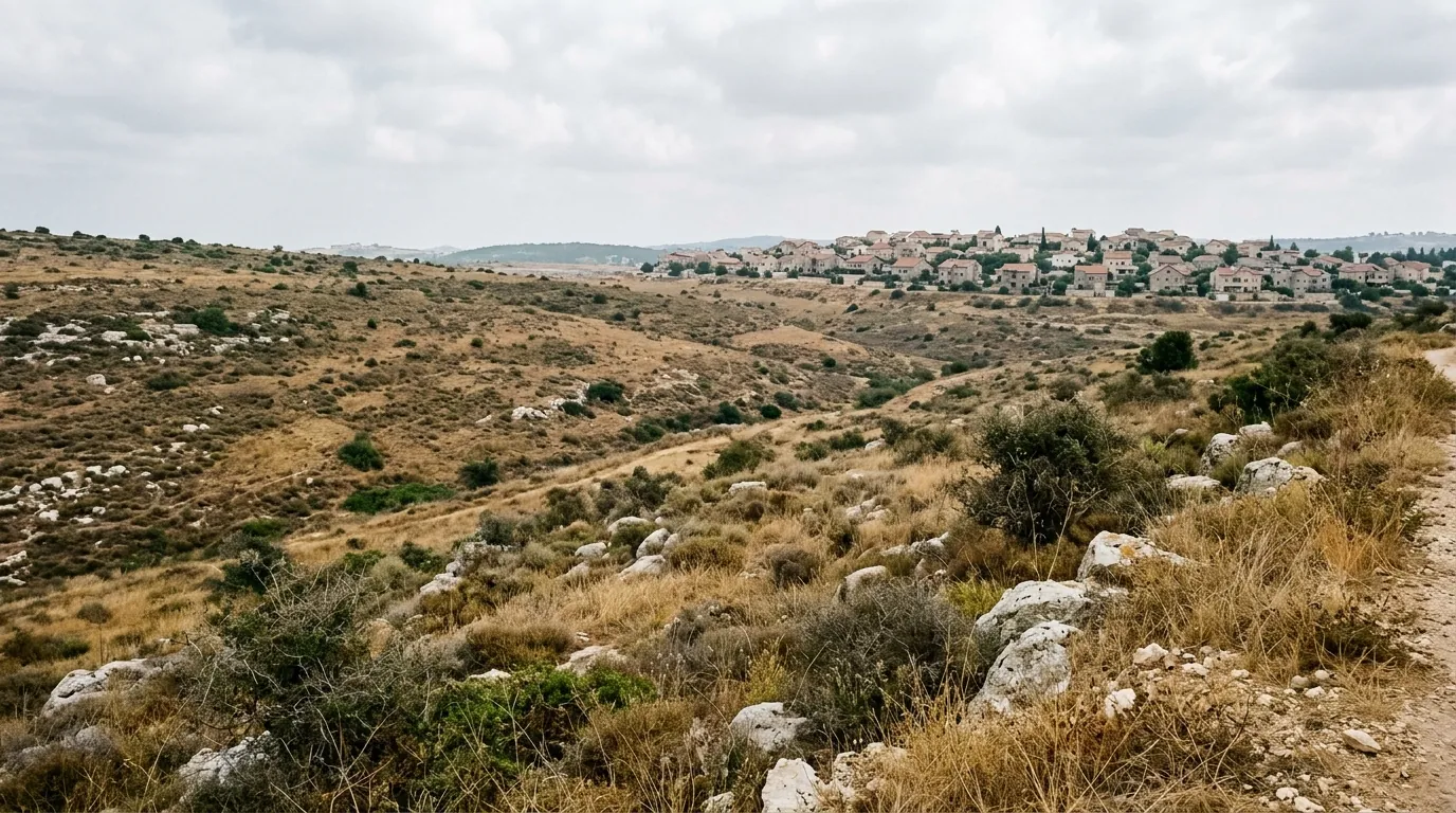 גבעות טרשיות ופתוחות עם צמחייה נמוכה וסלעי גיר בפאתי יישוב במרכז הארץ.