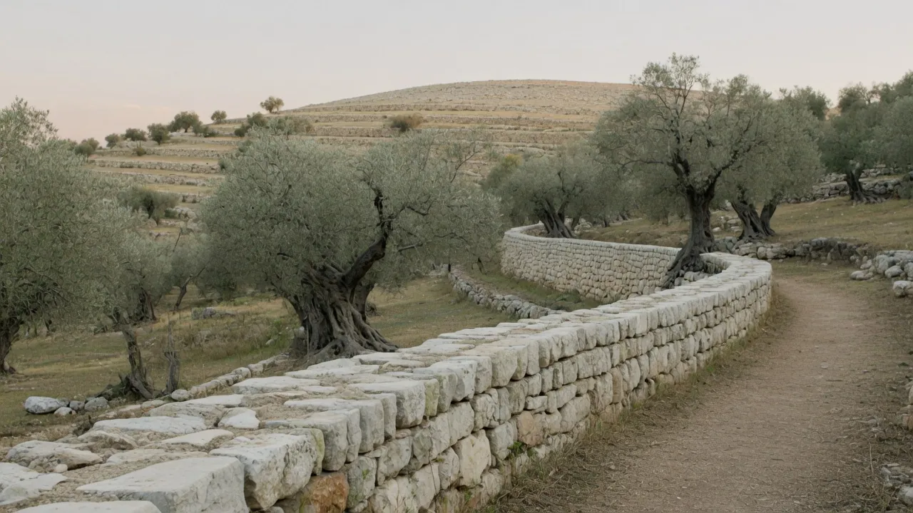 קיר טרסה מאבן גיר מתעקל בין עצי זית ותיקים בגבעות ירושלים, באור בוקר מאוחר.